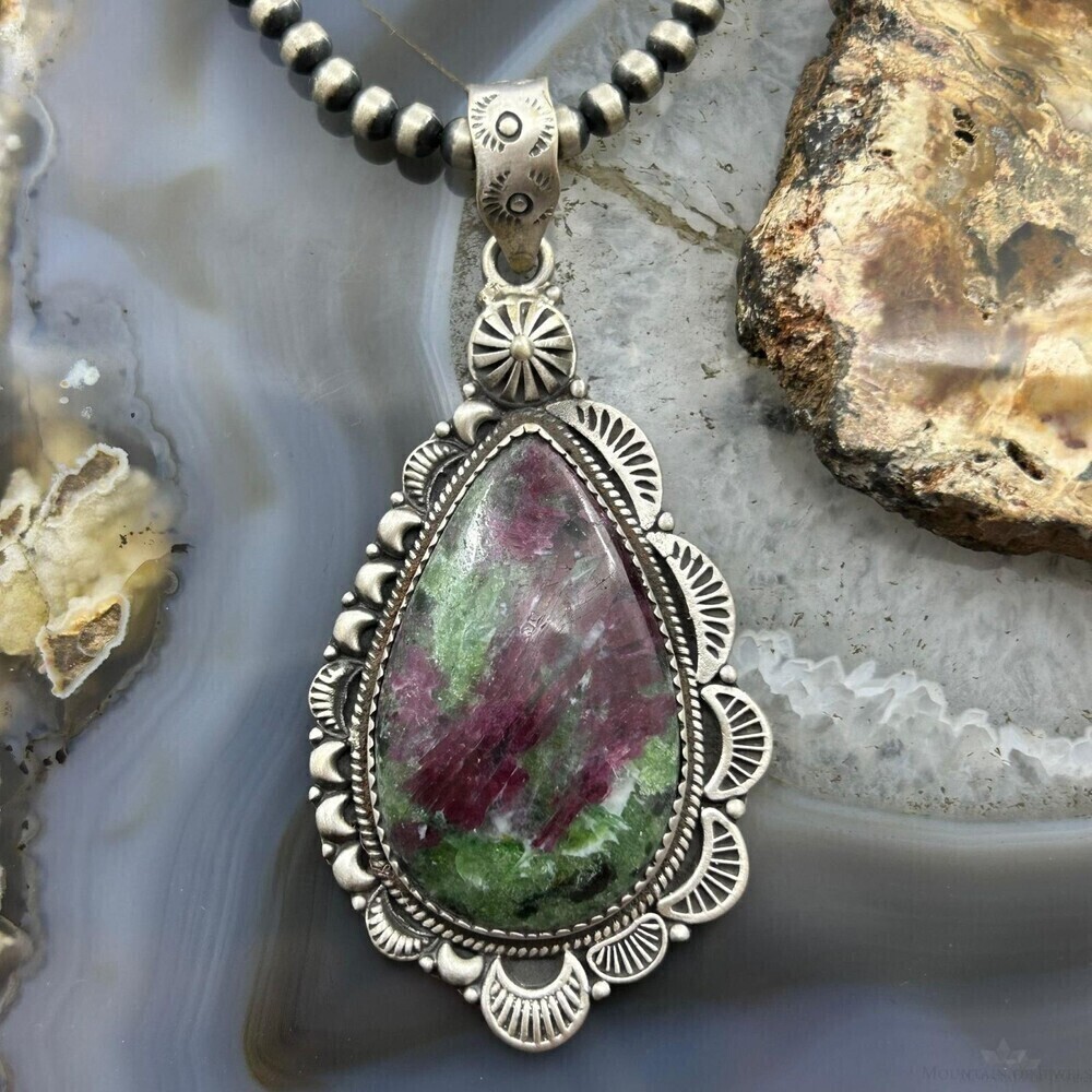Sterling Silver Southwestern Style Teardrop Ruby Zoisite Decorated Pendant